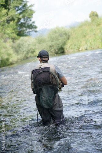 fly trout fisherman in the river