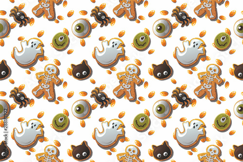 Seamless pattern with halloween holiday attributes. Images of cute pumpkins, skeleton, ghost, monster .Vector graphic