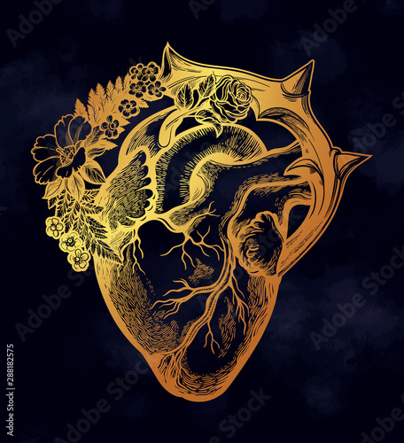 Naturalistic heart in a frame of flowers and thorns.Vintage gothic style inspired art. Vector illustration isolated. Tattoo design, trendy romance symbol for your use.