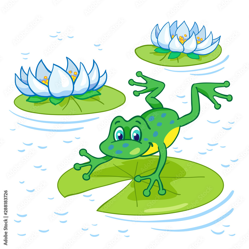 Fototapeta premium Summer lake. Funny green frog jumping at the big leaf among the lilies. In cartoon style.
