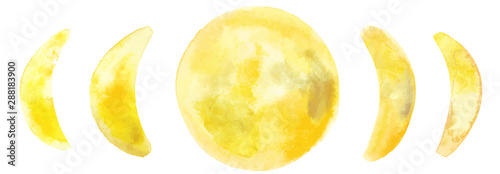 Phases of the moon, vector and watercolor drawing with the stages of waxing, waning, and full moon
