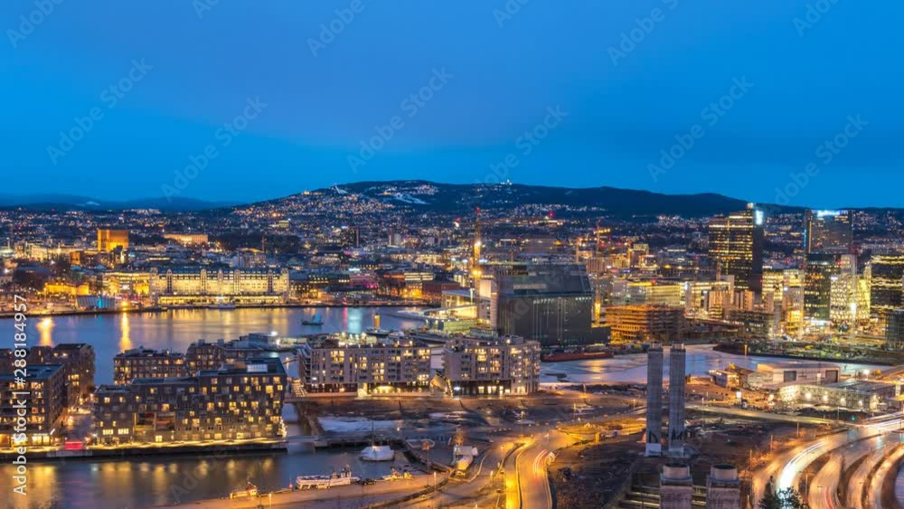 Oslo Norway time lapse 4K, aerial view city skyline day to night sunset timelapse at business district and Barcode Project Oslo Norway time lapse 4K, aerial view city skyline day to night sunset timelapse at business district and Barcode Project