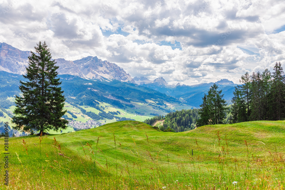 A beautiful view of a freshly cut alpine meadow. The peaks of the Italian Dolomites are visible in the background. Italian Alps, Corvara in Badia. Summer time