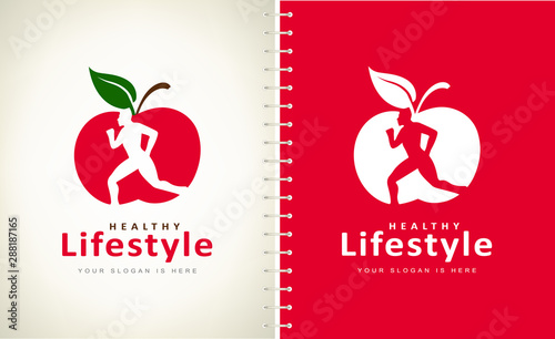 Man and apple logo. Healthy lifestyle. The man is running. Diet and weight loss concept.