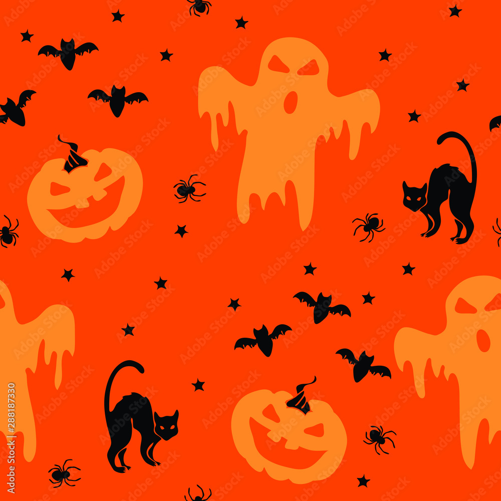 Halloween seamless vector pattern with black cats and pumpkins. Ghost and bats on orange background.