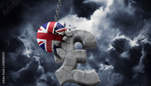 UK ball smashing a pound sterling symbol. UK economy. 3D Render photo
