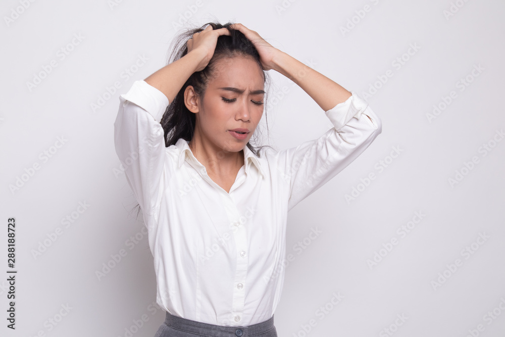 Stressed young Asian businesswoman scream out. Stressed young Asian businesswoman scream out.