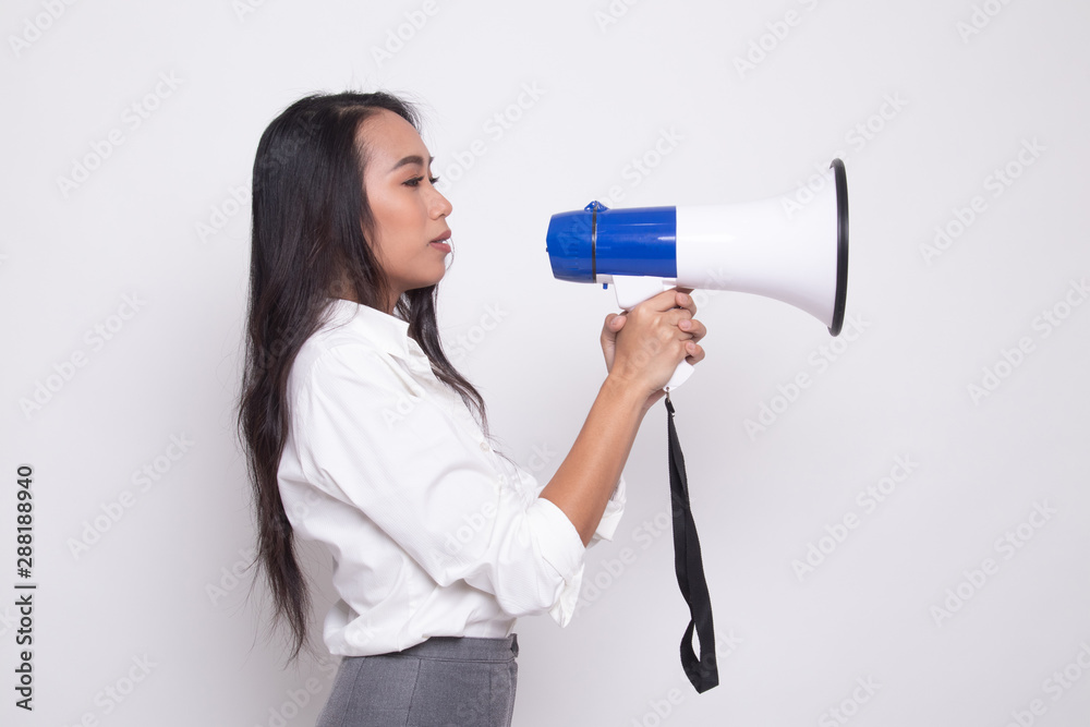 Beautiful young Asian woman announce with megaphone. Beautiful young Asian woman announce with megaphone.