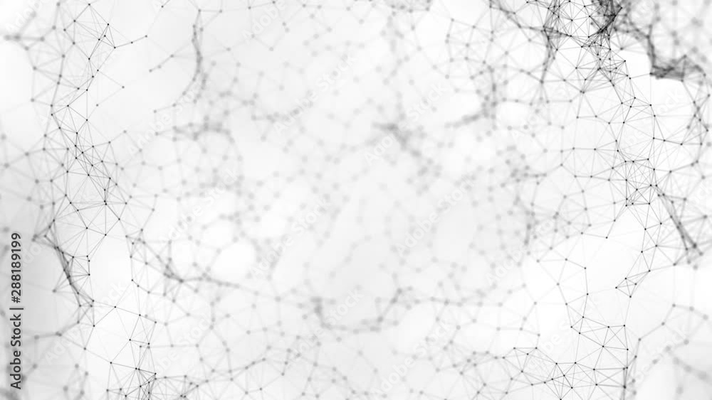 Abstract animation of black blurred plexes, triangles and dots floating on white background. Macro plex 4K motion background loop abstract