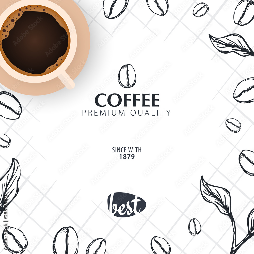 Cup of Coffee. Sketch banner with coffee beans and leaves for poster or another template design. Cup of Coffee. Sketch banner with coffee beans and leaves for poster or another template design.