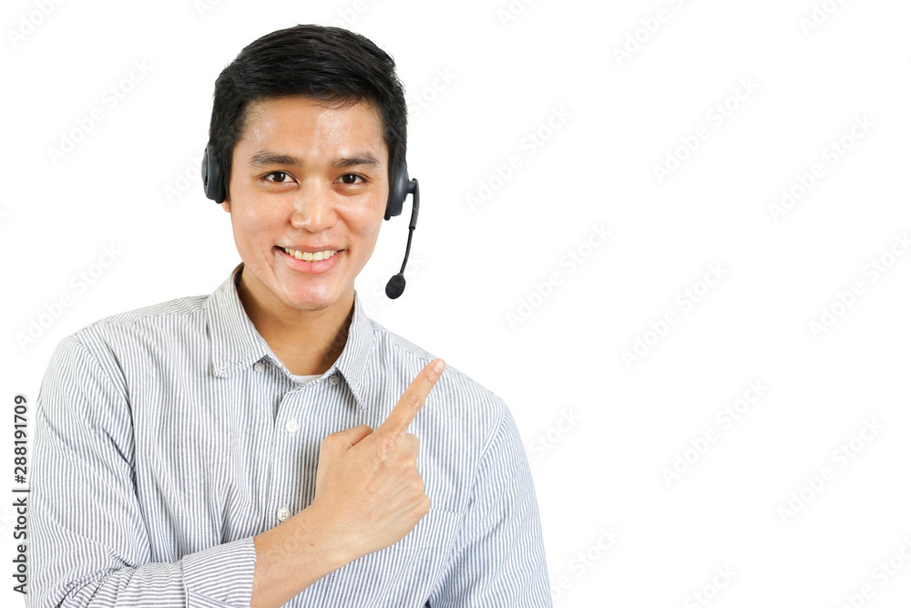 close up call center employee young asian man wear headset device and smiling with pointing hand isolated on white background for business telemarketing and help desk design concept close up call center employee young asian man wear headset device and smiling with pointing hand isolated on white background for business telemarketing and help desk design concept