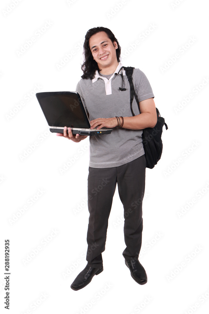 Young Asian Student With Laptop. Smiling Happily Young Asian Student With Laptop. Smiling Happily