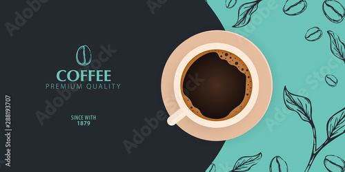Cup of Coffee. Sketch banner with coffee beans and leaves on colorful background for poster or another template design.