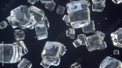 Ice cubes falling on dark blue background. Ice crystals. Sugar crystals. Glass blocks. 3D Render. photo