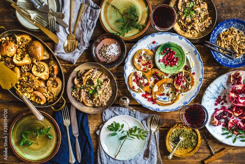 Overhead view of food served on table