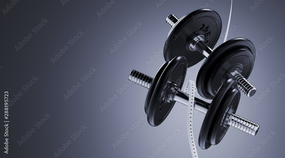 Sport equipment for minimal diet and healthy concept. Close up dumbbell and measure tape on grey background. 3d rendering illustration. Sport equipment for minimal diet and healthy concept. Close up dumbbell and measure tape on grey background. 3d rendering illustration.