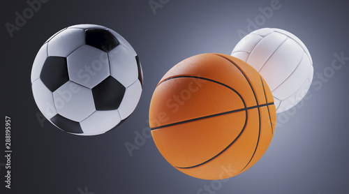 Sport equipment for minimal diet and healthy concept. Close up soccer ball,basketball and volleyball on grey background. 3d rendering illustration.