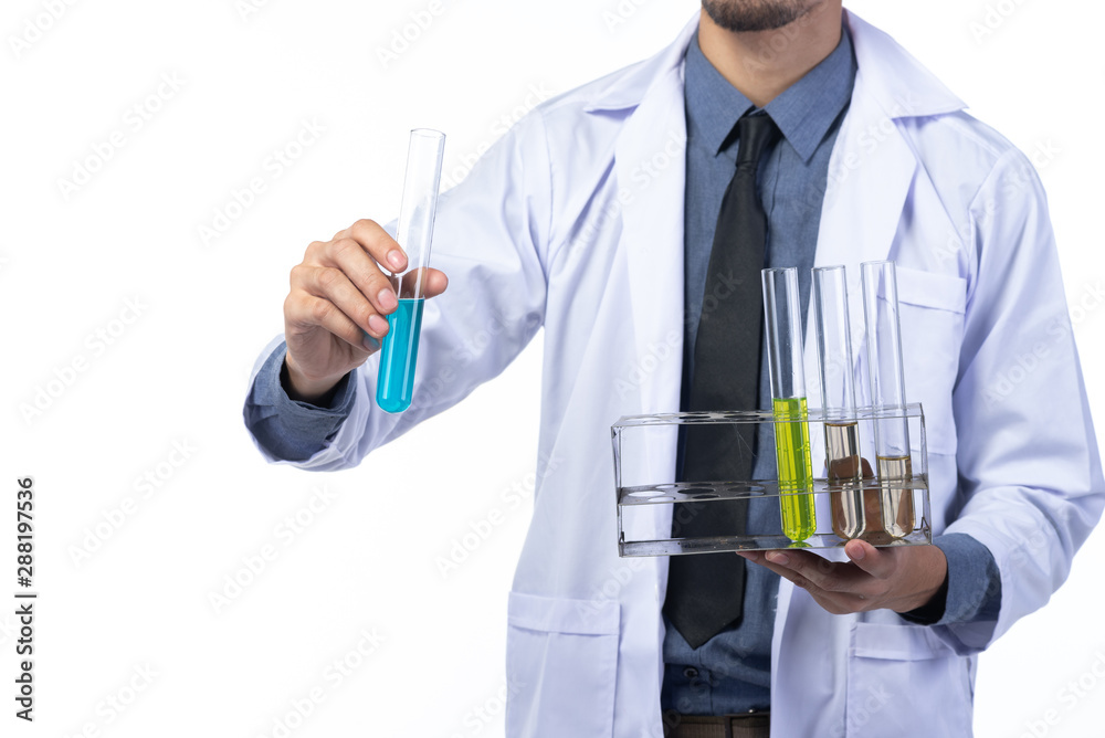 Scientists with test tube liquid chemicals, isolated on white Scientists with test tube liquid chemicals, isolated on white