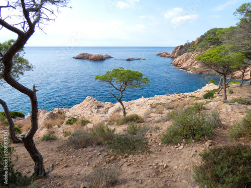 Paisaje de la Costa Brava catalana, España, con el mar azul, islas, aguas cristalinas, árboles y acantilados