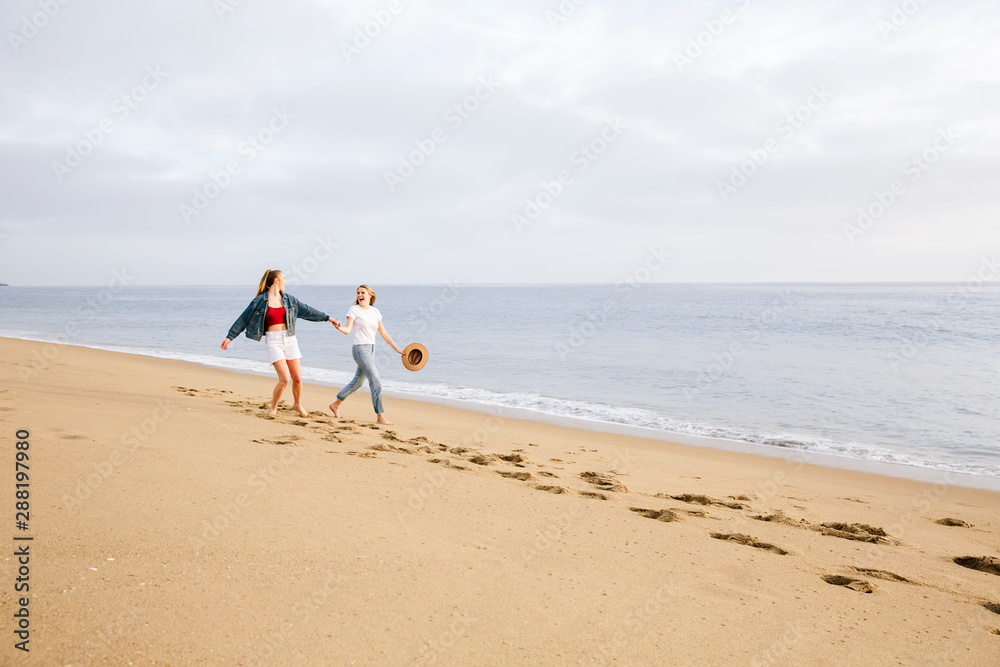Two females holding hands and walking on the beach with ocean in the background Two females holding hands and walking on the beach with ocean in the background