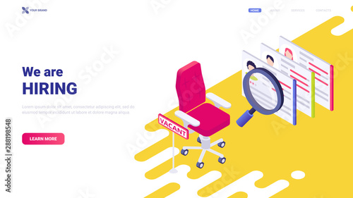 Colorful vector illustration: empty office chair and sign "vacancy". Website header design concept with message "We are hiring". Banner for recruiting agency/personnel department. Team member search.