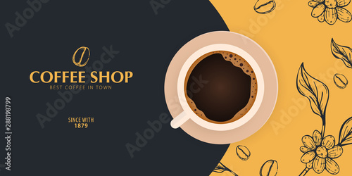Cup of Coffee. Sketch banner with coffee beans and leaves on colorful background for poster or another template design.