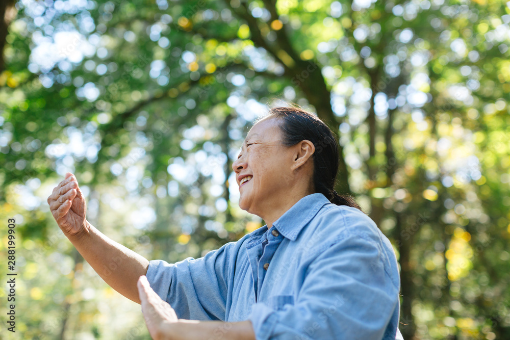Mature asian woman practicing tai chi outside. Mature asian woman practicing tai chi outside.