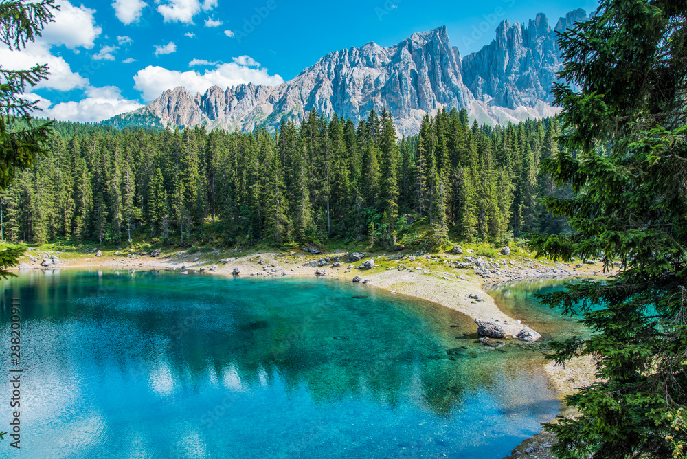 Enchanted Panorama. Lake of Carezza. Dolomites, Italy