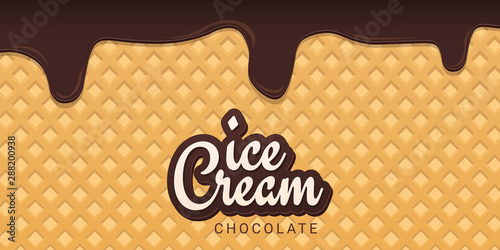 Ice Cream banner with wafer background. Cafe menu, ice cream dessert poster, food packaging design.