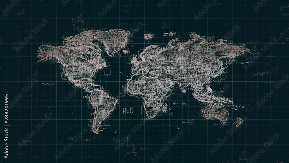Abstract World map with looped random mathematical and physical ...