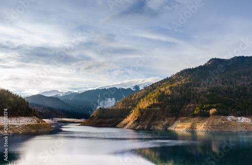 Mountain landscape and Gura Apelor lake in Retezat National Park  Carpathian Mountains  Romania
