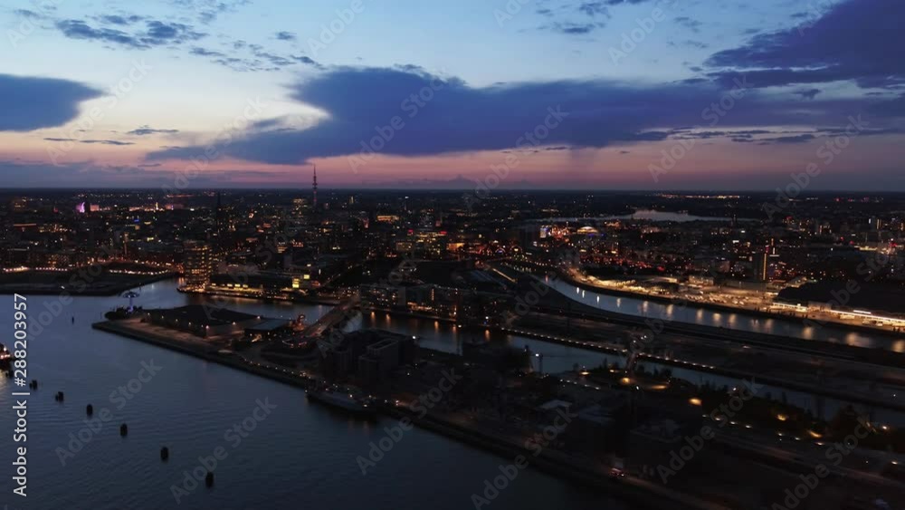 Drone Flight Hamburg Harbor during blue hour and night flies Elbe Drone Flight Hamburg Harbor during blue hour and night flies Elbe