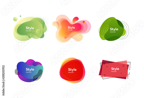 Set of colorful abstract style elements. Dynamical liquid shapes for banners. Trendy minimal templates for presentations, banners, apps and web pages. Vector illustration