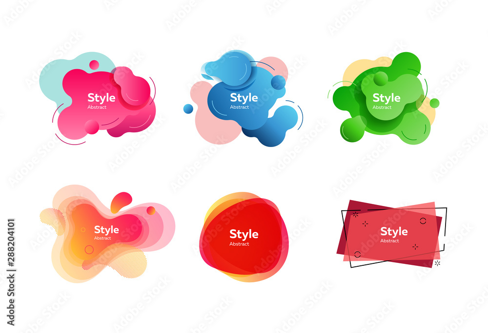 Set of bright abstract figures. Dynamical colored forms and line. Gradient banners with flowing liquid shapes. Vector illustration. Can be used for placard, webinar, presentation