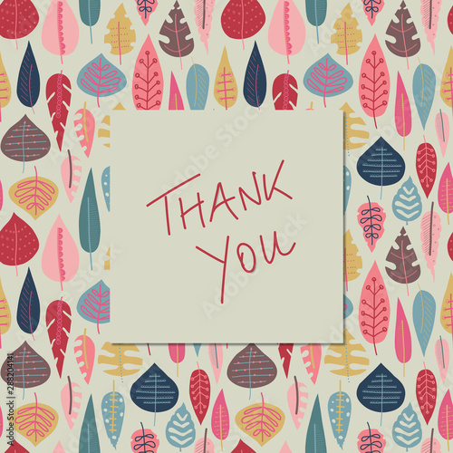Thank you note with autumn abstract doodle leaves background. Thanksgiving card Scandinavian style with pattern. Red pink gold blue leaf element illustration. For fall decoration, Thanksgiving card