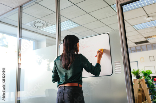 Woman Writing On Whiteboard In Office Room