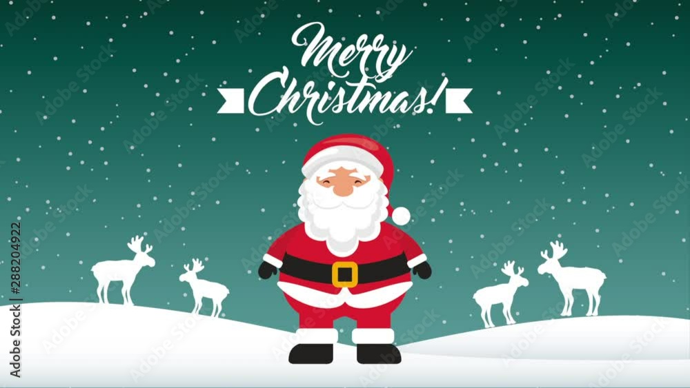 happy merry christmas card with santa claus in snowscape