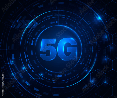 5G wireless internet wifi connection. Fifth innovative generation of the global high speed broadband network. Binary code flow for big data. Glowing blue abstract background