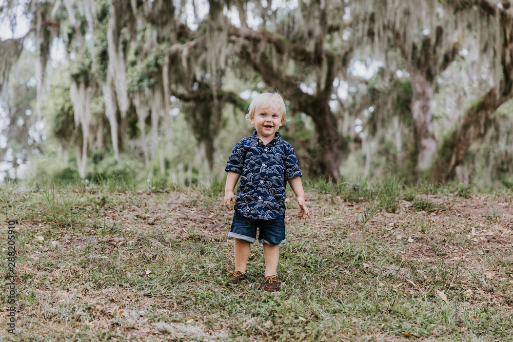 Adorably Happy and Cute Little Caucasian Toddler Baby Boy with Long Blond Hair Laughing, Playing, and Running Outside in Green Nature at the Park of Big Mature Oak and Moss Trees Adorably Happy and Cute Little Caucasian Toddler Baby Boy with Long Blond Hair Laughing, Playing, and Running Outside in Green Nature at the Park of Big Mature Oak and Moss Trees