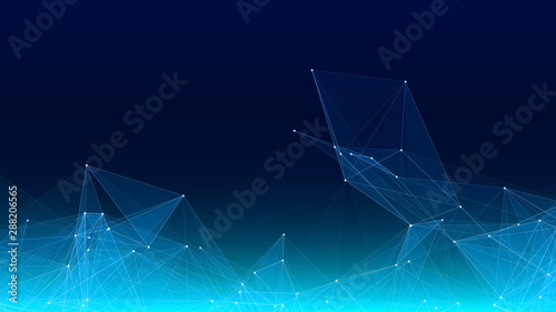 Vector abstract futuristic digital landscape with particles dots and stars on horizon. computer geometric digital connection structure. Futuristic blue abstract grid. Intelligence artificial