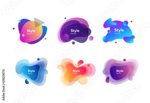 Neon colored liquid figures set. Modern abstract shapes and lines with gradient effect. Trendy minimal templates for presentations, banners, posters and flyers. Vector illustration