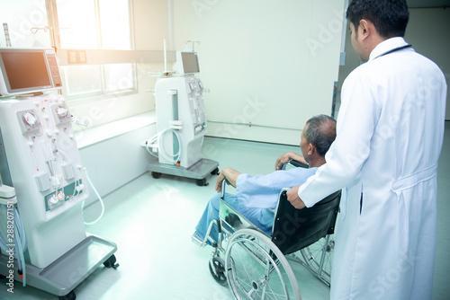 Doctors and sick people With advanced dialysis equipment in the hospital background for business Healthcare and medical concept Medicine doctor with stethoscope in hand and Patients come to the hospi
