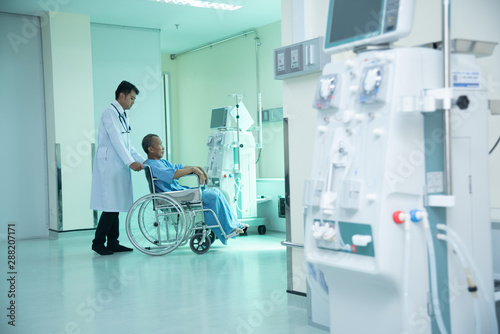 Doctors and sick people With advanced dialysis equipment in the hospital background for business Healthcare and medical concept Medicine doctor with stethoscope in hand and Patients come to the hospi