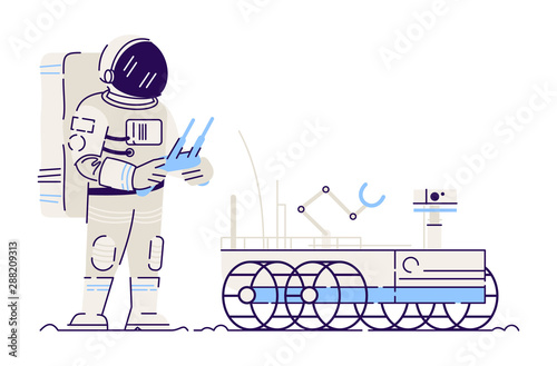 Cosmonaut driving lunar rover flat vector illustration. Astronaut in spacesuit working with moon roving vehicle isolated cartoon character on white background. Aerospace industry, cosmos exploring