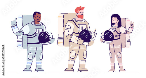 Astronauts in spacesuits flat vector illustration. International cosmonauts team standing and holding helmets isolated cartoon character on white background. Crew members, space travel