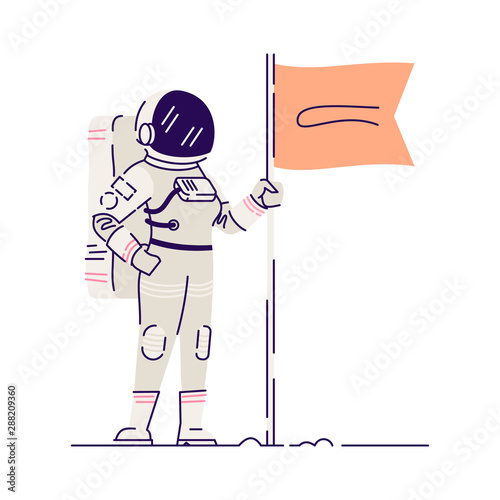 Cosmonaut planting flag flat vector illustration. Female cosmonaut wearing spacesuits isolated cartoon character on white background. Cosmos exploring, cosmic mission. Crew member of spacecraft