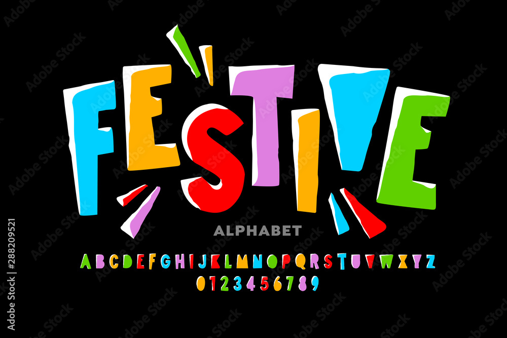 Bright festive style font design, alphabet letters and numbers