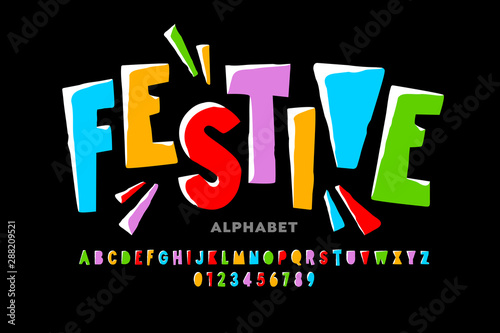 Bright festive style font design, alphabet letters and numbers photo