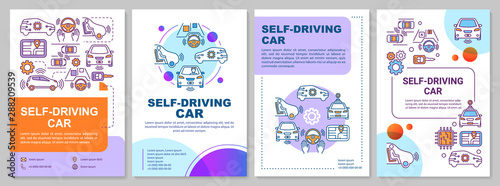 Self-driving car brochure template layout. Autonomous vehicle. Flyer, booklet, leaflet print design with linear illustrations. Vector page layouts for magazines, annual reports, advertising posters