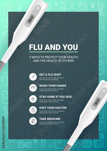 Flu and You infographic with medicine thermometer. Medical hand draw background.